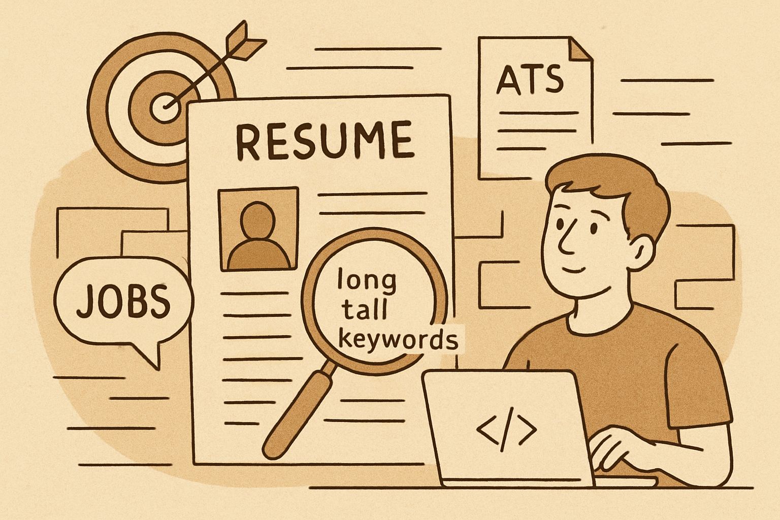 Illustration of a person typing on a laptop, with a resume, a magnifying glass highlighting long tail keywords, a target, JOBS speech bubble, and ATS text, symbolizing job search and resume optimization.