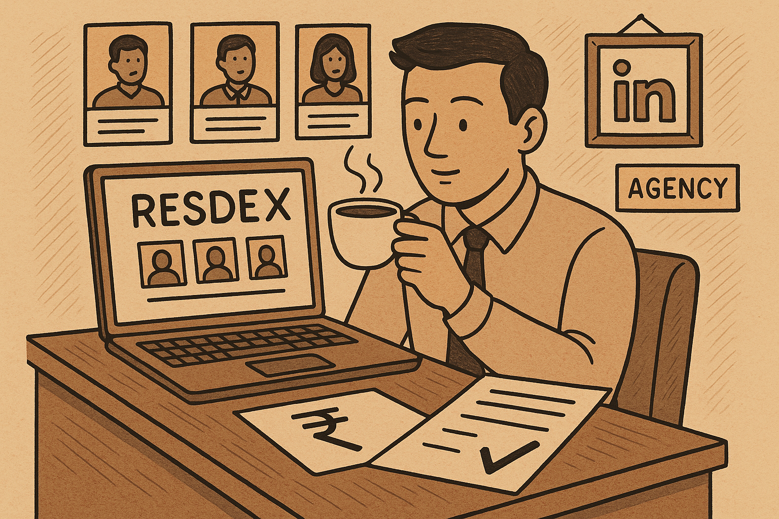 Illustration of a man in an office holding coffee, looking at a laptop showing RESDEX with profile photos. Papers, a rupee symbol, and a check mark are on the desk. LinkedIn and agency signs are on the wall.